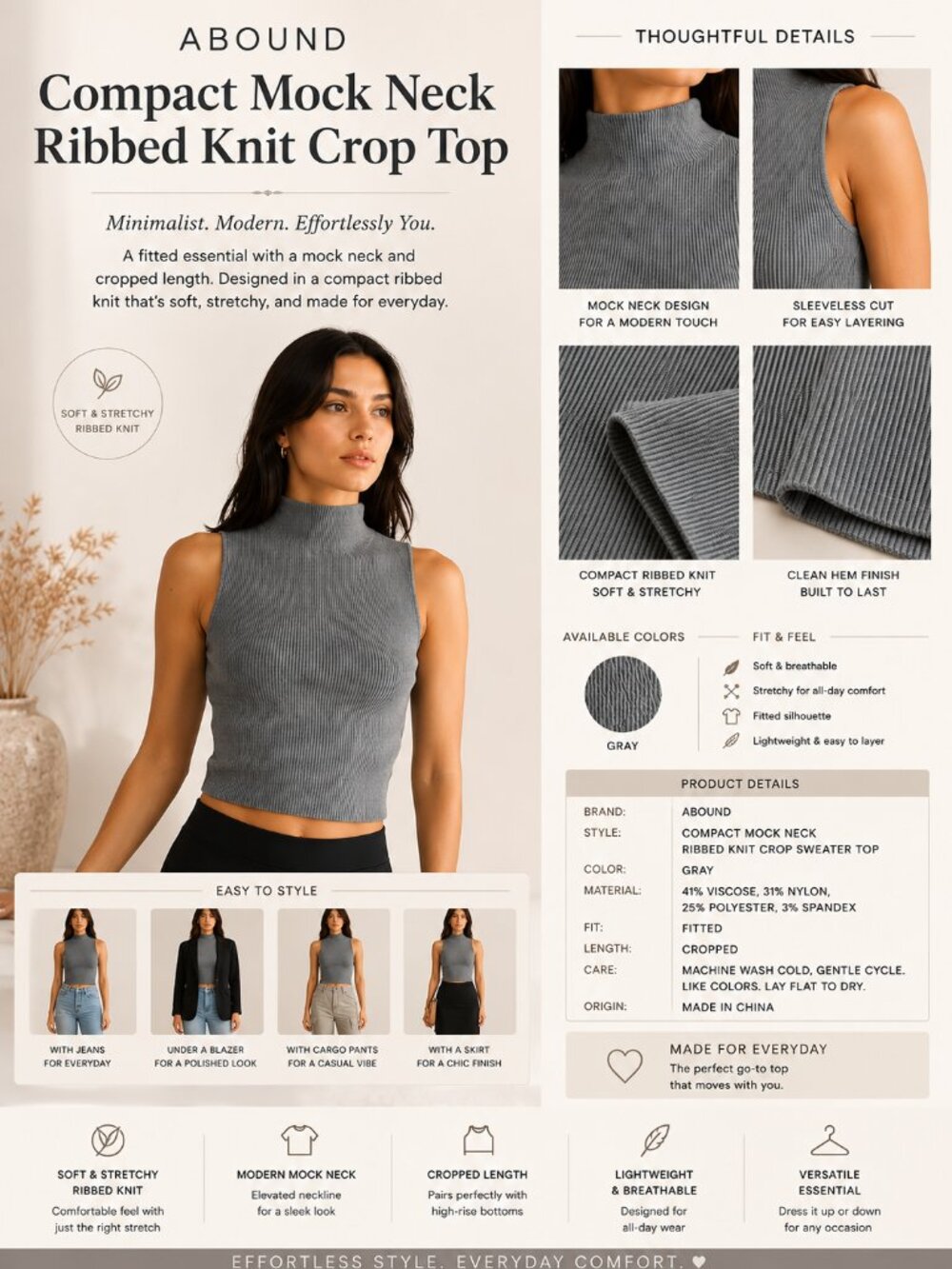 NWT Abound Compact Mock Neck Ribbed Knit Crop Sweater Top Size X-Large